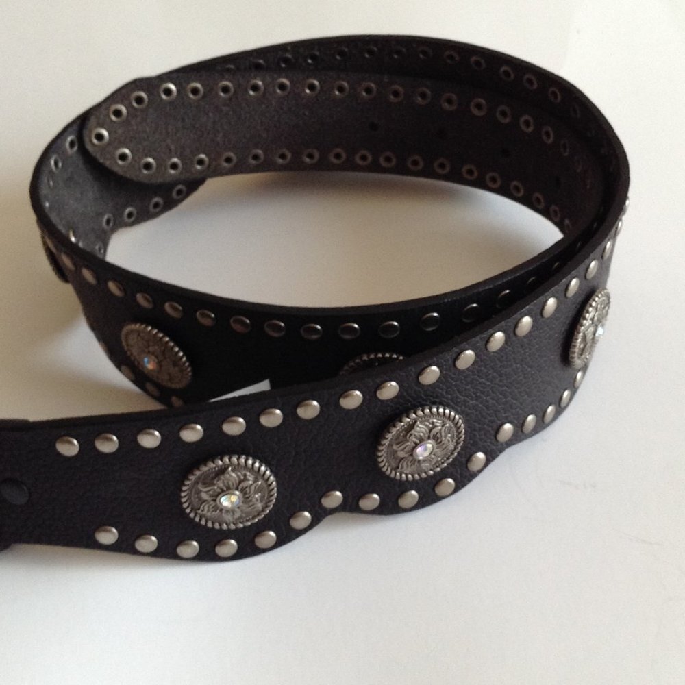 Black Studded Genuine Leather Scalloped Edge Belt Rhinestones Accessories